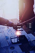 Document management system DMS. Assessment form, questionnaire, checklist and clipboard task management. Businessman working on