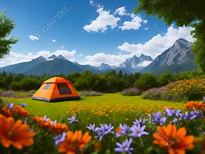 Orange Tourist tent on mountains background. Generative AI