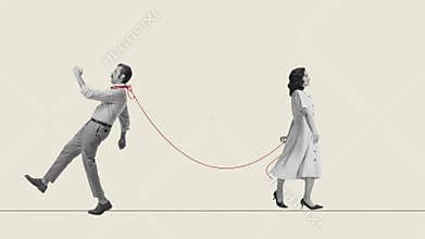 Young woman holding man on thread. Manipulation in relationship. Female control over man. Stop motion, animation.