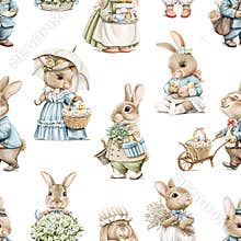 Watercolor seamless pattern with cartoon rabbits and vintage Easter objects