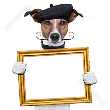 Painter artist frame holding dog