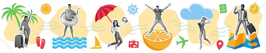 Happy young european, black people tourists jumping, rejoice journey with sea, sun, palm trees, suitcase signs