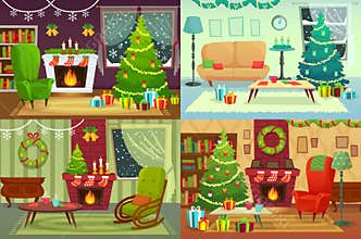 Christmas room interior. Xmas home decoration, Santa gifts under traditional tree and winter holiday house interior vector