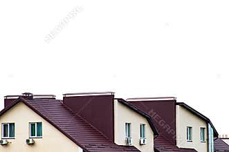 Residential building with a brown roof isolated in PNG format.