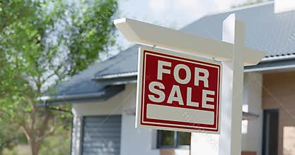 Pan and Zoom of For Sale Real Estate Sign in Front of New House. Generative AI image used. No property release needed