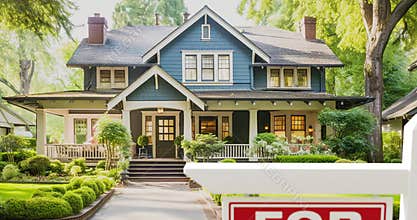 Pan and Zoom of For Sale Real Estate Sign in Front of New House. Generative AI image used.