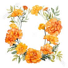 Marigold Frame: Realistic Watercolor Painting With Orange Letter O And Yellow Flowers