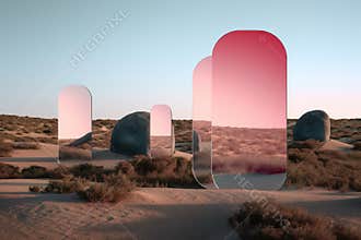 Red sunset in desert. Mirrors on a landscape.