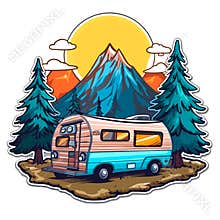 Travel by caravan for adventure. Summer holidays and camping. Family trip. Cartoon vector illustration. label, sticker, t-shirt