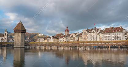 Famous Chapel Bridge and lake Lucerne Historic city center of Switzerland.
