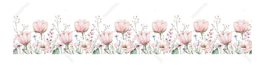 Fairy and Flowers watercolor isolated kids illustration for girls. Cartoon pink magic girl baby shower poster. Happy Birthday kid
