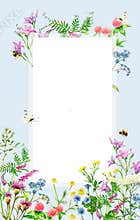 Vertical frame from realistic meadow wildflowers - field bell, clover, yarrow, camomile, bee and butterfly hand-drawn