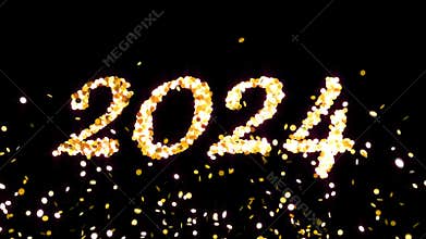 Inflatable numbers 2023 explode and the text 2024 appears from the falling confetti