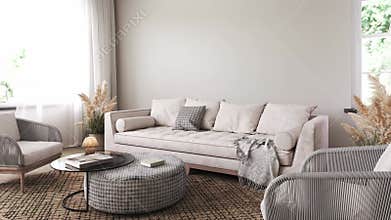 Modern scandinavian interior livingroom with sofa and armchair background. Empty wall mockup in white room with dry
