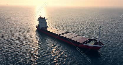 Sea sunrise over ocean horizon and sailing industrial cargo ship in deep blue open waters, aerial view 4K video
