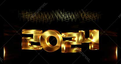 Gold 3D Text 2024 Happy New Year, special effect cinematic title trailer golden 2024 animation isolated on Black background