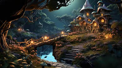 An animated scene of a fairy house in the forest, AI