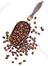 Vintage scoop with coffee beans isolated on white