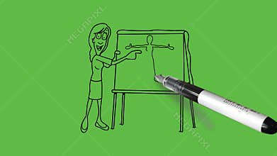 draw young girl hold green rectangle shape board in hand and show Fun Effective human body parts to audience pointed