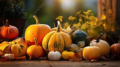 Thanksgiving Still life of pumpkins of various shapes, Seasonal holiday concept, harvest,