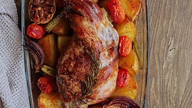 roasted leg of lamb with vegetables, top view
