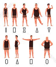 Male figures types icon set. Various body front view. Human anatomy, man standing shapes. Vector illustration in cartoon