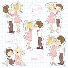Set of couple teens on sheet of school notebook.