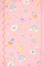 pastel pink kawaii background with cute cartoon animals, unicorns, rainbows