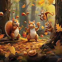 Adorable Squirrels Playing with Autumn Leaves in Whimsical Forest