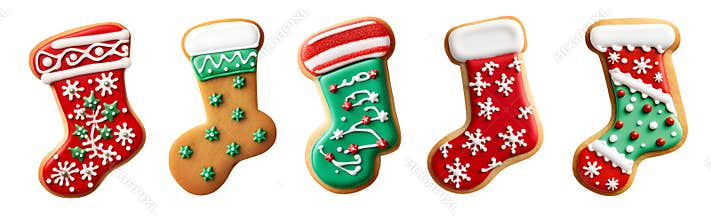 Gingerbread christmas stocking sock cookie biscuit on transparent background cutout. PNG file. Many assorted