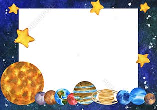 Frame. Planets of the solar system. Border. Illustration on background of outer space with stars. Planetarium clip art