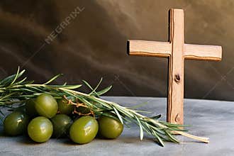 olive branch and wooden cross on a stone table