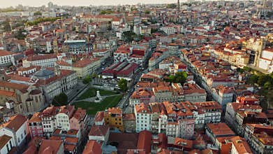 The Old City Of Porto In Portugal, Europe, 4K Aerial Skyline Drone View, Sunset.