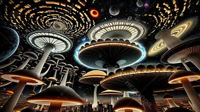 Magic mushrooms expanding into the galaxy reflecting stars, a.i. generated