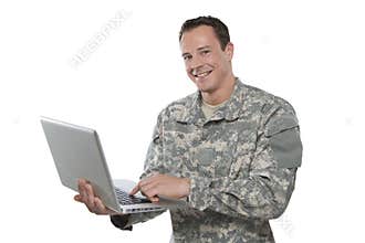 Military Soldier With A Laptop