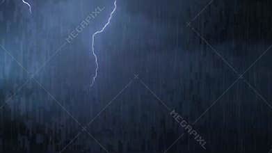 Rain Falling with Lightning Strikes Animation 4K. Stunning Lightning In Storm and Clouds - 3D Seamless Loop 4K Animation.Lightning