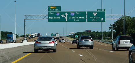 Tennessee, U.S - June 23, 2022 - The highway signs towards Interstate 40 East into Nashville and Interstate 240 West into Jackson
