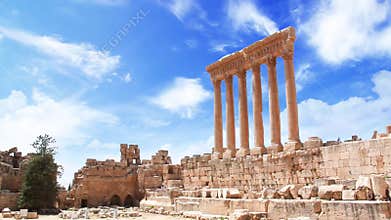 Beautiful view of the Massive columns of the Temple of Jupiter in the ancient city of Baalbek