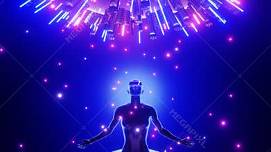 Enter the metaverse concept. Woman in VR glasses looks up in cybercity. 3d render.