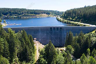 Drone photograpy of the view of the dam wall from the Hydroelectric Plant. Schluchsee, Black Forest, Germany.