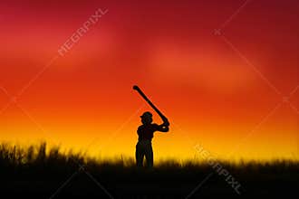Miniature people toy figure photography. Silhouette of women golfer swing his stick at meadow field hill when sunset sunrise