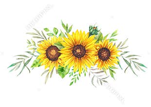 Watercolor sunflowers bouquet, hand painted sunflower bouquets, sunfower flower arrangement. Wedding invitation clipart elements.