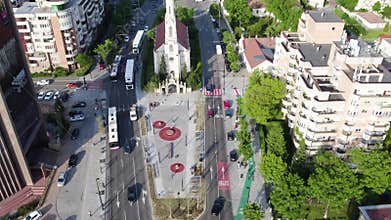 Aerial view of Marasti district in Cluj, Romania. Saint Peter and Paul church