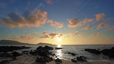 Tropical sea at sunset or sunrise over sea video 4K, The sun touches horizon, Red sky in golden hour amazing seascape,Ocean sunset