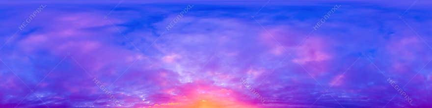 Dramatic sunset sky panorama with Cumulus clouds. Seamless hdr 360 pano in spherical equirectangular format. Complete