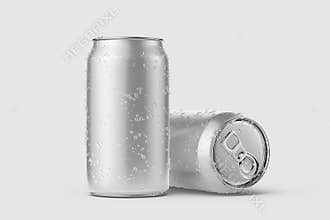 Two aluminium drink can 330ml with water drops mockup template.