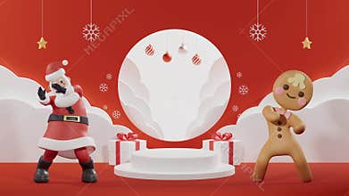Christmas Podium mockup, looping animation of a funny Santa and Cookie, dancing near the empty pedestal and round blank white