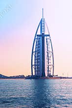 Burj al Arab, planning from 1994, opening 1999. in evening light, Dubai. Famous Hotel Burj al Arab, architectural icon.