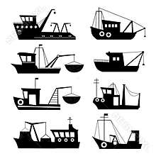 Fishermen boats trawlers set isolated Vectors Silhouettes