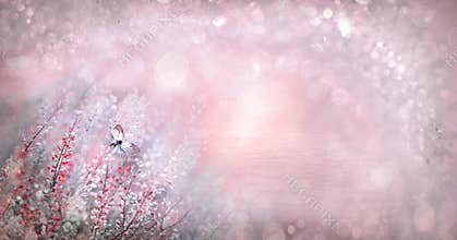 Flowers background. Wallpaper with heathers and butterfly. Grunge background